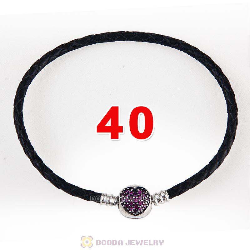 40cm Black Braided Leather Double Bracelet Silver Love of My Life Clip with Heart Red CZ Stone