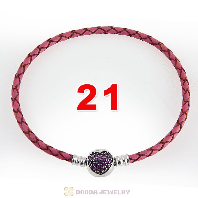 21cm Pink Braided Leather Bracelet 925 Silver Love of My Life Round Clip with Heart Red CZ Stone