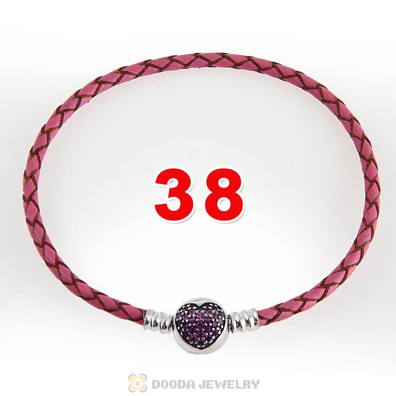 38cm Pink Braided Leather Double Bracelet Silver Love of My Life Clip with Heart Red CZ Stone