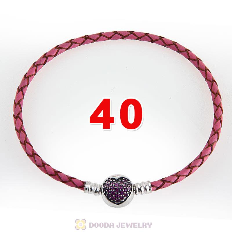 40cm Pink Braided Leather Double Bracelet Silver Love of My Life Clip with Heart Red CZ Stone