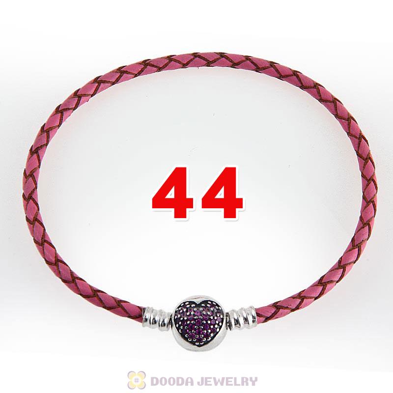 44cm Pink Braided Leather Double Bracelet Silver Love of My Life Clip with Heart Red CZ Stone