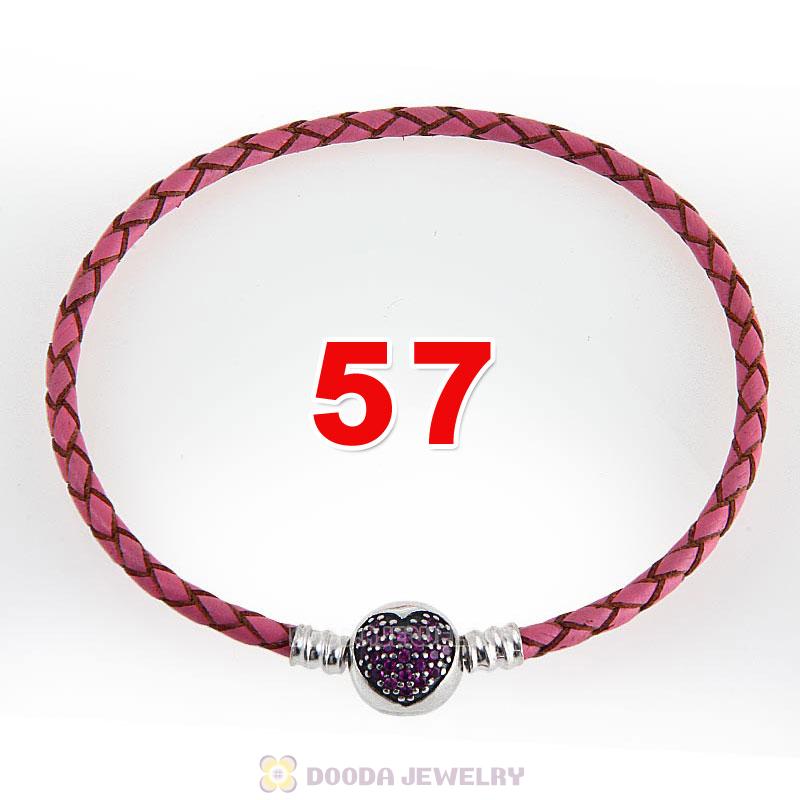 57cm Pink Braided Leather Triple Bracelet Silver Love of My Life Clip with Heart Red CZ Stone