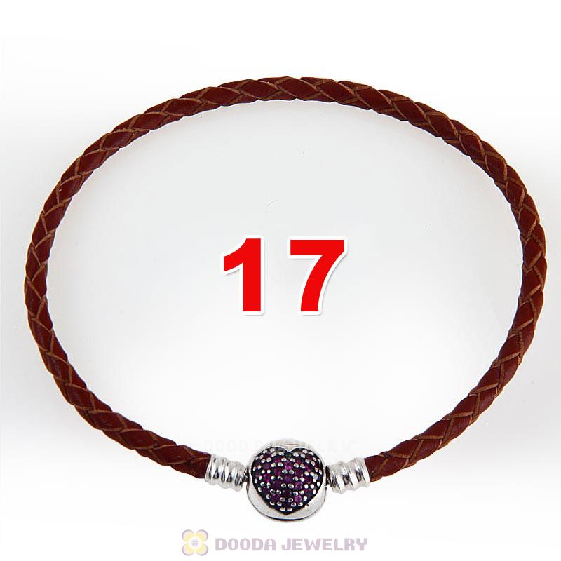17cm Brown Braided Leather Bracelet 925 Silver Love of My Life Round Clip with Heart Red CZ Stone