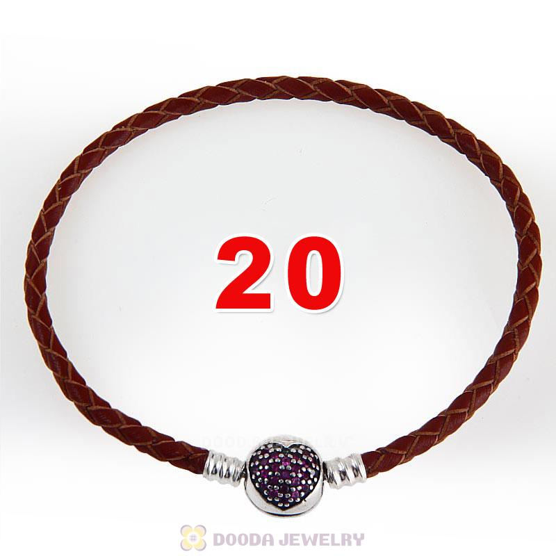 20cm Brown Braided Leather Bracelet 925 Silver Love of My Life Round Clip with Heart Red CZ Stone