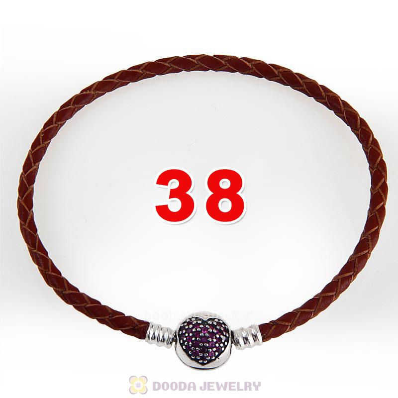 38cm Brown Braided Leather Double Bracelet Silver Love of My Life Clip with Heart Red CZ Stone