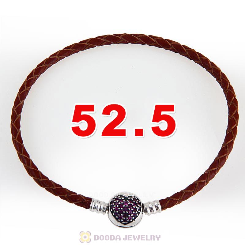 52.5cm Brown Braided Leather Triple Bracelet Silver Love of My Life Clip with Heart Red CZ Stone