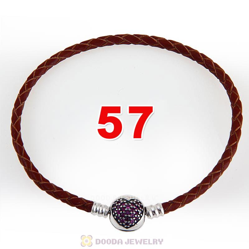 57cm Brown Braided Leather Triple Bracelet Silver Love of My Life Clip with Heart Red CZ Stone