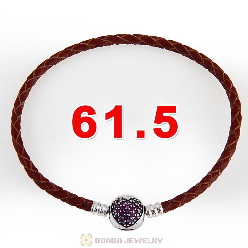 61.5cm Brown Braided Leather Triple Bracelet Silver Love of My Life Clip with Heart Red CZ Stone