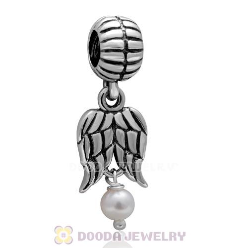 European Sterling Silver Guardian Angel Wings Dangle Charms with White Pearl