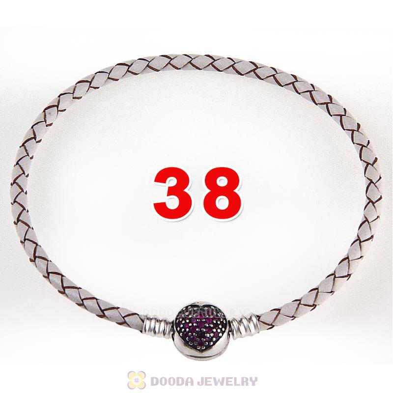 38cm White Braided Leather Double Bracelet Silver Love of My Life Clip with Heart Red CZ Stone