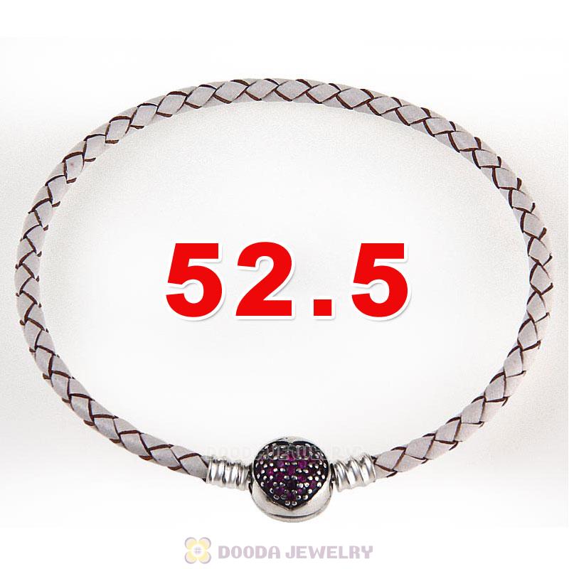52.5cm White Braided Leather Triple Bracelet Silver Love of My Life Clip with Heart Red CZ Stone
