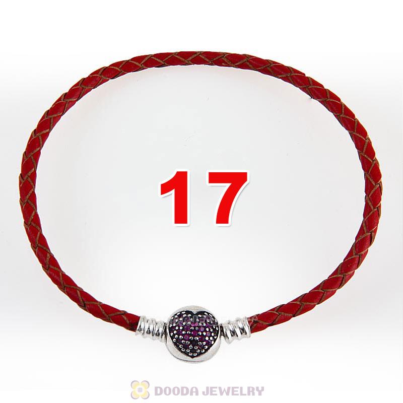 17cm Red Braided Leather Bracelet 925 Silver Love of My Life Round Clip with Heart Red CZ Stone