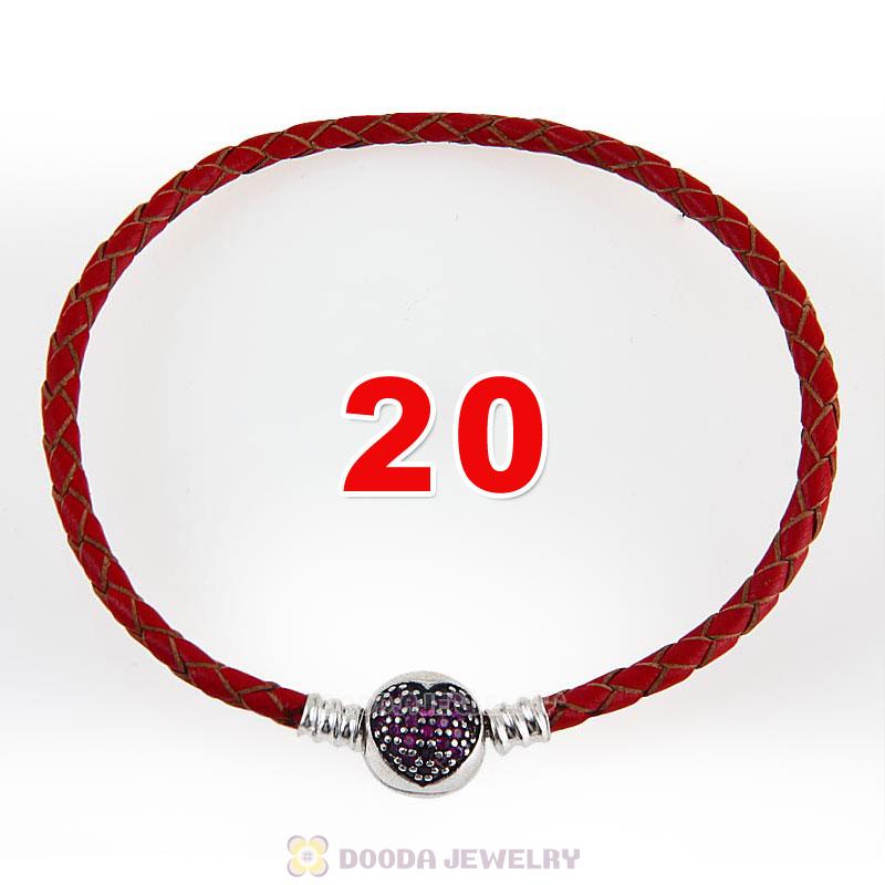20cm Red Braided Leather Bracelet 925 Silver Love of My Life Round Clip with Heart Red CZ Stone