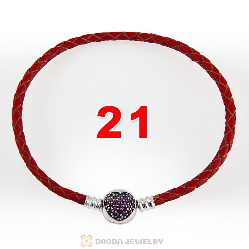 21cm Red Braided Leather Bracelet 925 Silver Love of My Life Round Clip with Heart Red CZ Stone