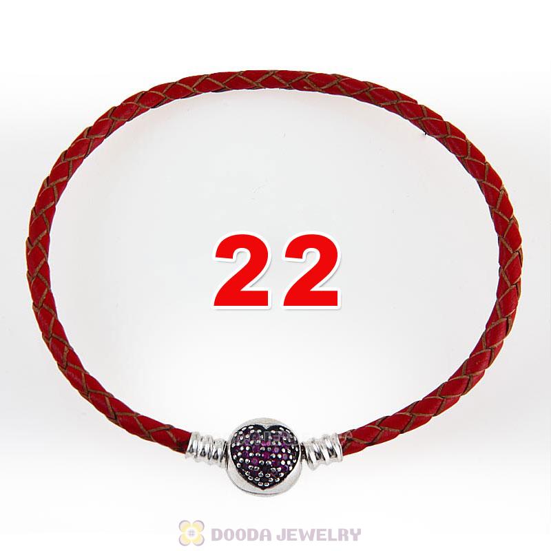 22cm Red Braided Leather Bracelet 925 Silver Love of My Life Round Clip with Heart Red CZ Stone