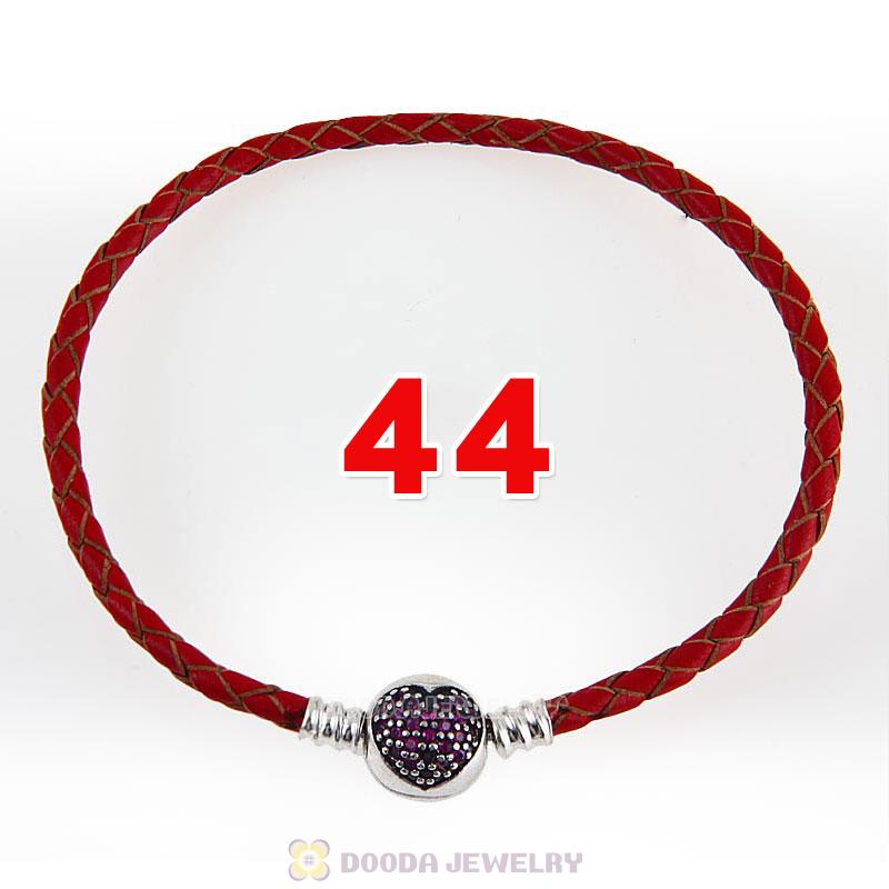 44cm Red Braided Leather Double Bracelet Silver Love of My Life Clip with Heart Red CZ Stone