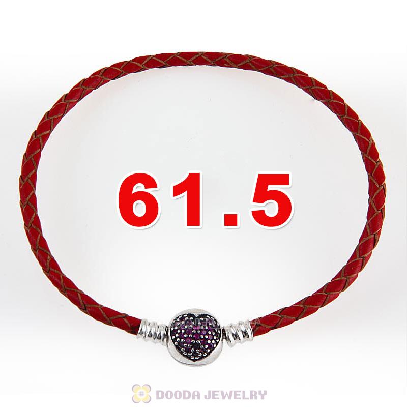 61.5cm Red Braided Leather Triple Bracelet Silver Love of My Life Clip with Heart Red CZ Stone