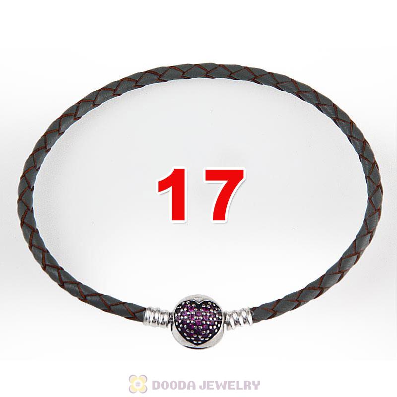 17cm Grey Braided Leather Bracelet 925 Silver Love of My Life Round Clip with Heart Red CZ Stone