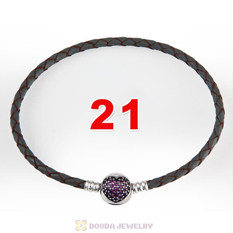 21cm Grey Braided Leather Bracelet 925 Silver Love of My Life Round Clip with Heart Red CZ Stone