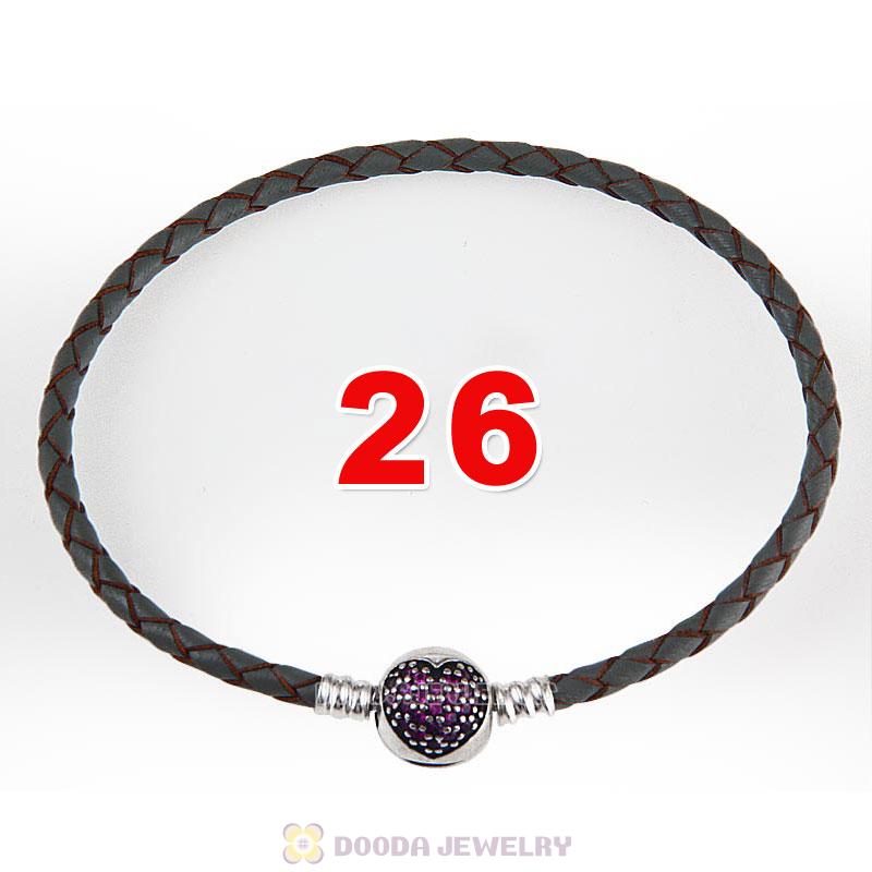 26cm Grey Braided Leather Bracelet 925 Silver Love of My Life Round Clip with Heart Red CZ Stone
