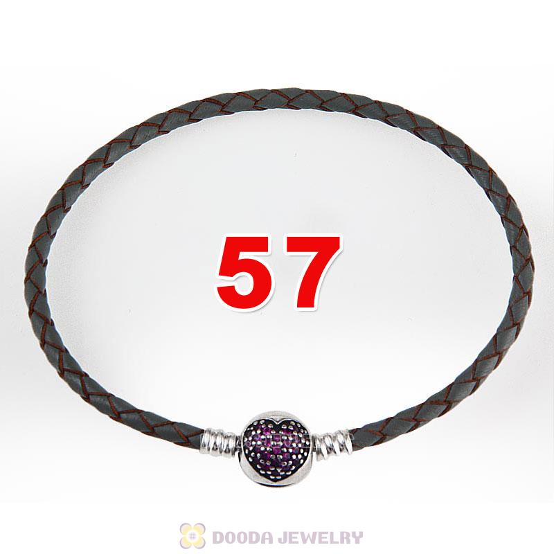 57cm Grey Braided Leather Triple Bracelet Silver Love of My Life Clip with Heart Red CZ Stone