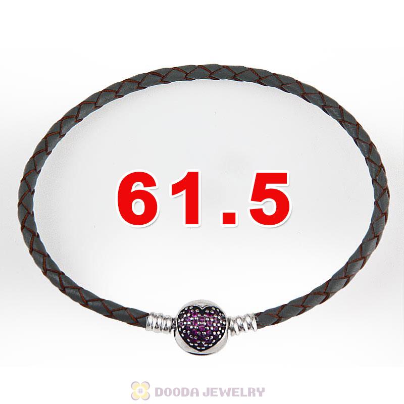 61.5cm Grey Braided Leather Triple Bracelet Silver Love of My Life Clip with Heart Red CZ Stone