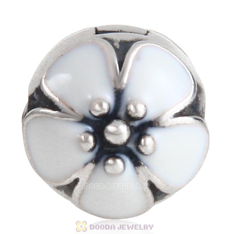925 Sterling Silver European Cherry Blossom White Enamel Clip Beads 