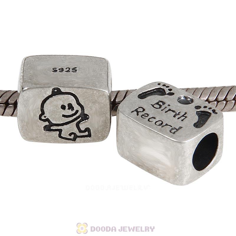 925 Sterling Silver Baby Birth Record Foot Print Charm Bead 