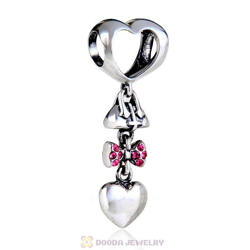 925 Sterling Silver Fashionably Tied Charm with Rose Austrian Crystals 