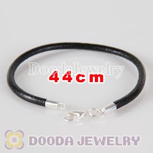 44cm slippy black leather chain, silver plated lobster clasp fit Jewelry, European Beads, Lovecharmlinks etc