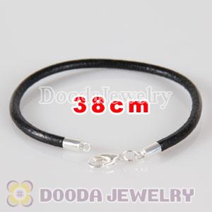 38cm slippy black leather chain, silver plated lobster clasp fit Jewelry, European Beads, Lovecharmlinks etc