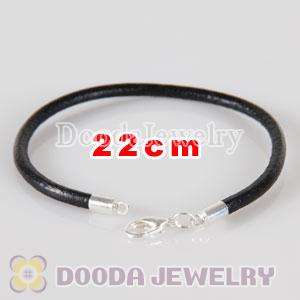 22cm slippy black leather chain, silver plated lobster clasp fit Jewelry, European Beads, Lovecharmlinks etc