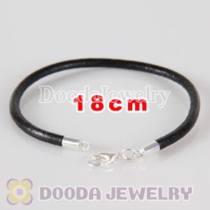 18cm slippy black leather chain, silver plated lobster clasp fit Jewelry, European Beads, Lovecharmlinks etc