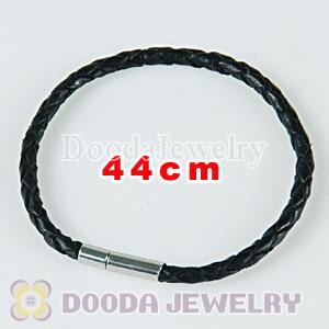44cm black braided leather chain, silver plated needle clasp fit Charm Jewelry Bracelet
