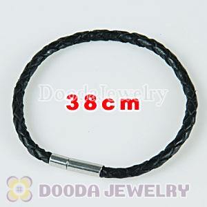38cm black braided leather chain, silver plated needle clasp fit Charm Jewelry Bracelet