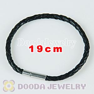 19cm black braided leather chain, silver plated needle clasp fit Charm Jewelry Bracelet