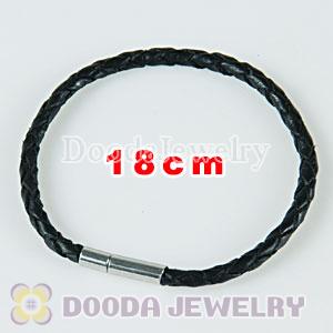 18cm black braided leather chain, silver plated needle clasp fit Charm Jewelry Bracelet