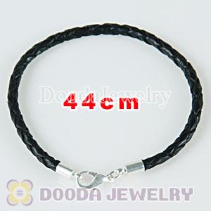 44cm black braided leather chain, silver plated lobster clasp fit Charm Jewelry Bracelet