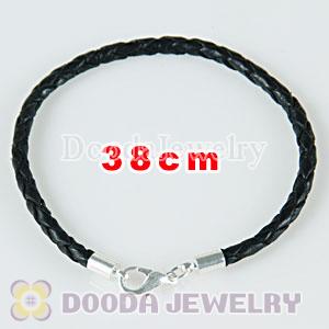 38cm black braided leather chain, silver plated lobster clasp fit Charm Jewelry Bracelet