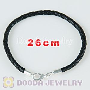 26cm black braided leather chain, silver plated lobster clasp fit Charm Jewelry Bracelet