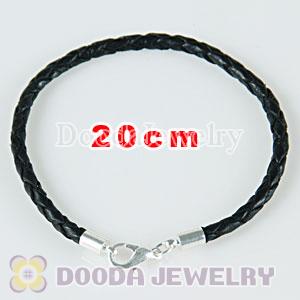 20cm black braided leather chain, silver plated lobster clasp fit Charm Jewelry Bracelet