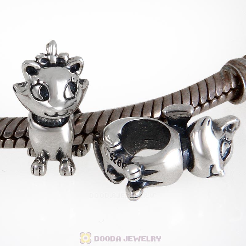 Antique Sterling Silver Charm Kitty Cat Bow Bead 