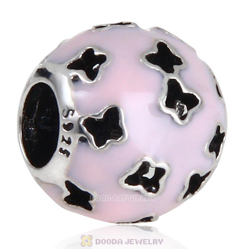 925 Sterling Silver Fluttering Butterflies Pink Enamel Charm Bead