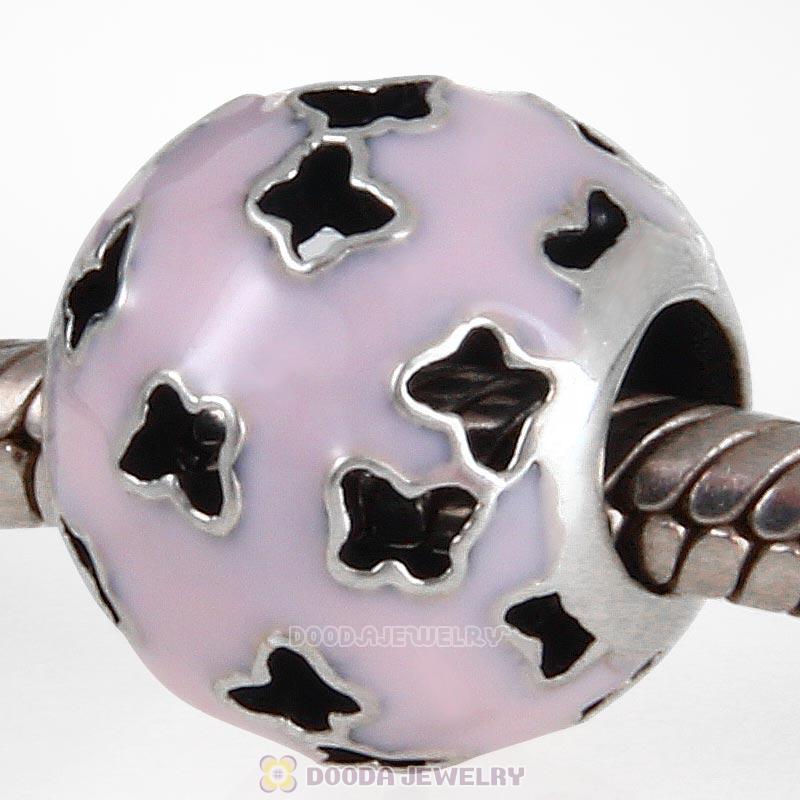 925 Sterling Silver Fluttering Butterflies Pink Enamel Charm Bead