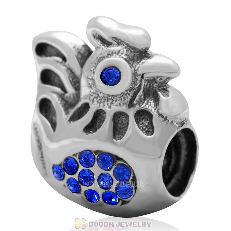 925 Sterling Silver Animal Rooster with Sapphire Australian Crystals Bead 