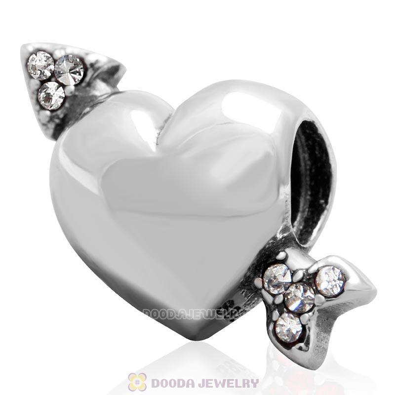 925 Sterling Silver Heart Arrow of Cupid Love Bead with Clear Crystals