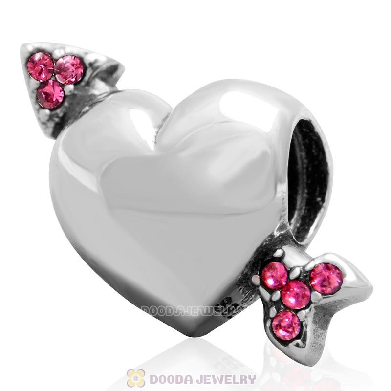 925 Sterling Silver Heart Arrow of Cupid Love Bead with Rose Crystals