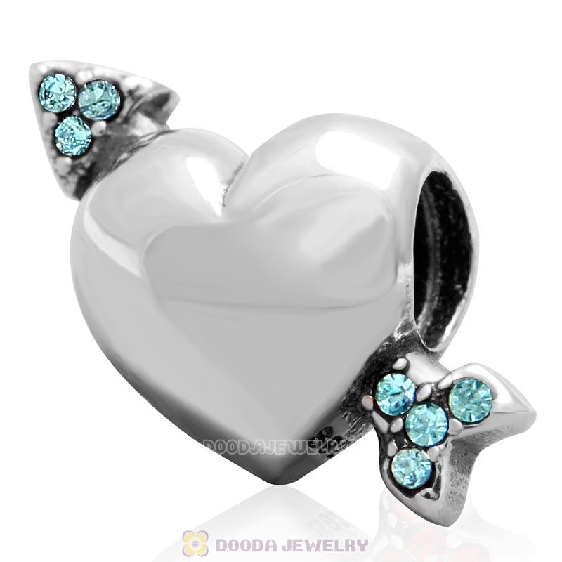 925 Sterling Silver Heart Arrow of Cupid Love Bead with Aquamarine Crystals
