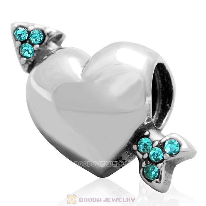 925 Sterling Silver Heart Arrow of Cupid Love Bead with Blue Zircon Crystals