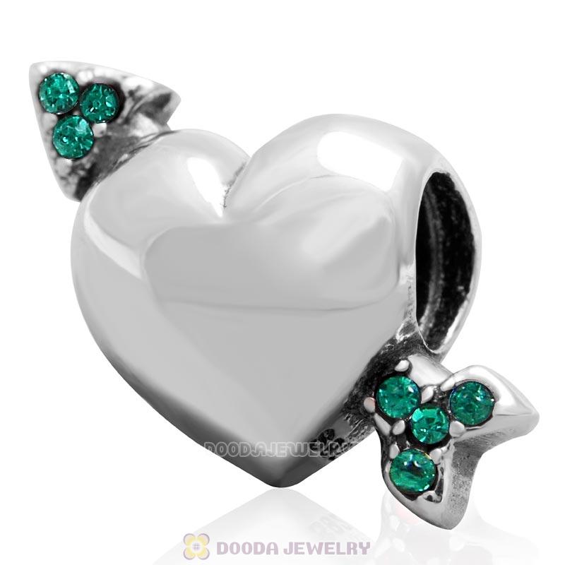 925 Sterling Silver Heart Arrow of Cupid Love Bead with Emerald Crystals